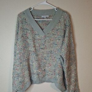 FAVLUX Gray V-Neck Sweater with Speckled Design size large